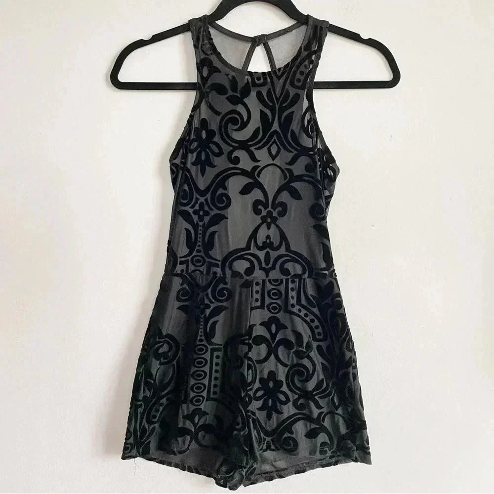 Mesh & Velvet Black Romper Sleeveless Bodysuit Halter Neck See Through Shorts